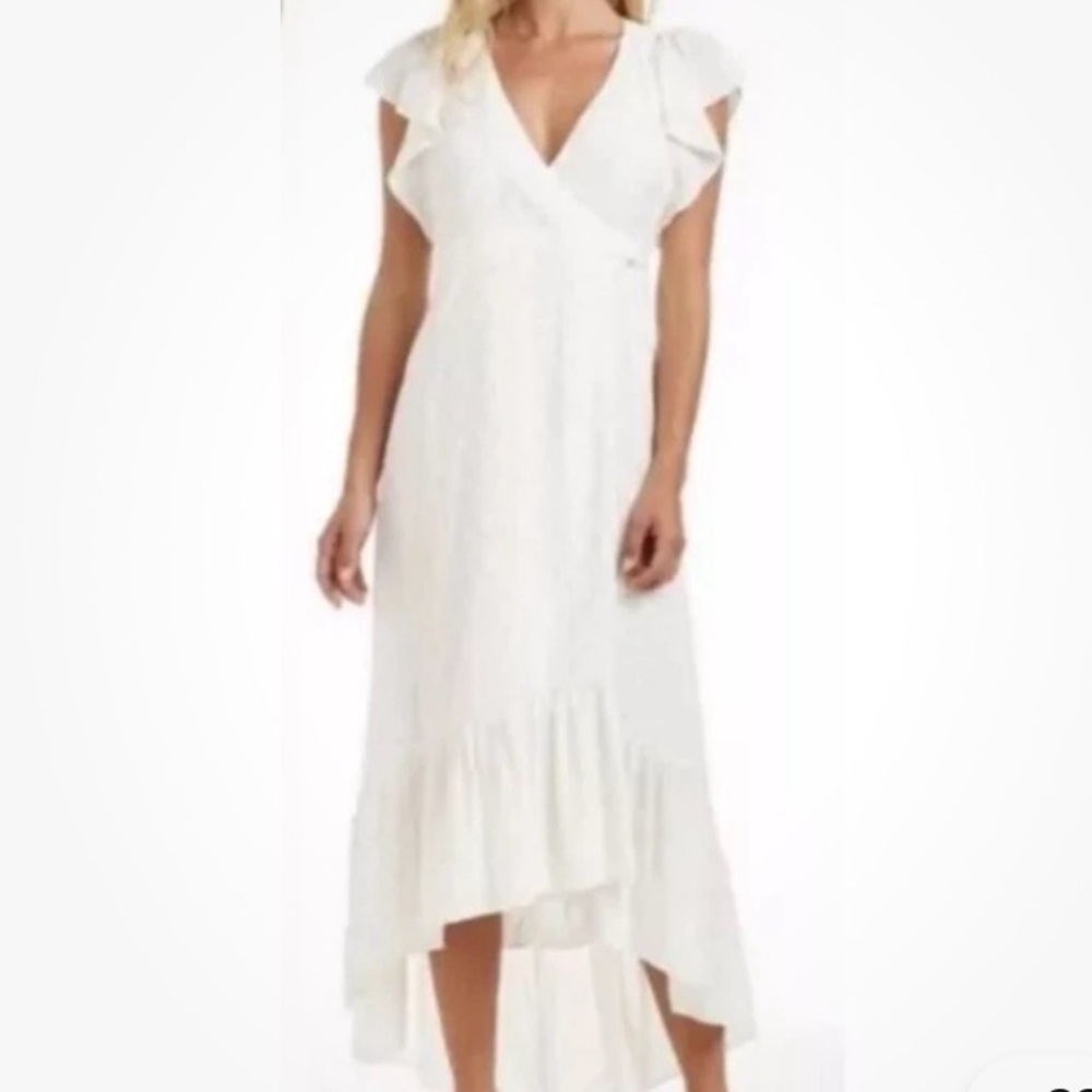 White Ruffle High-Low Wrap Dress